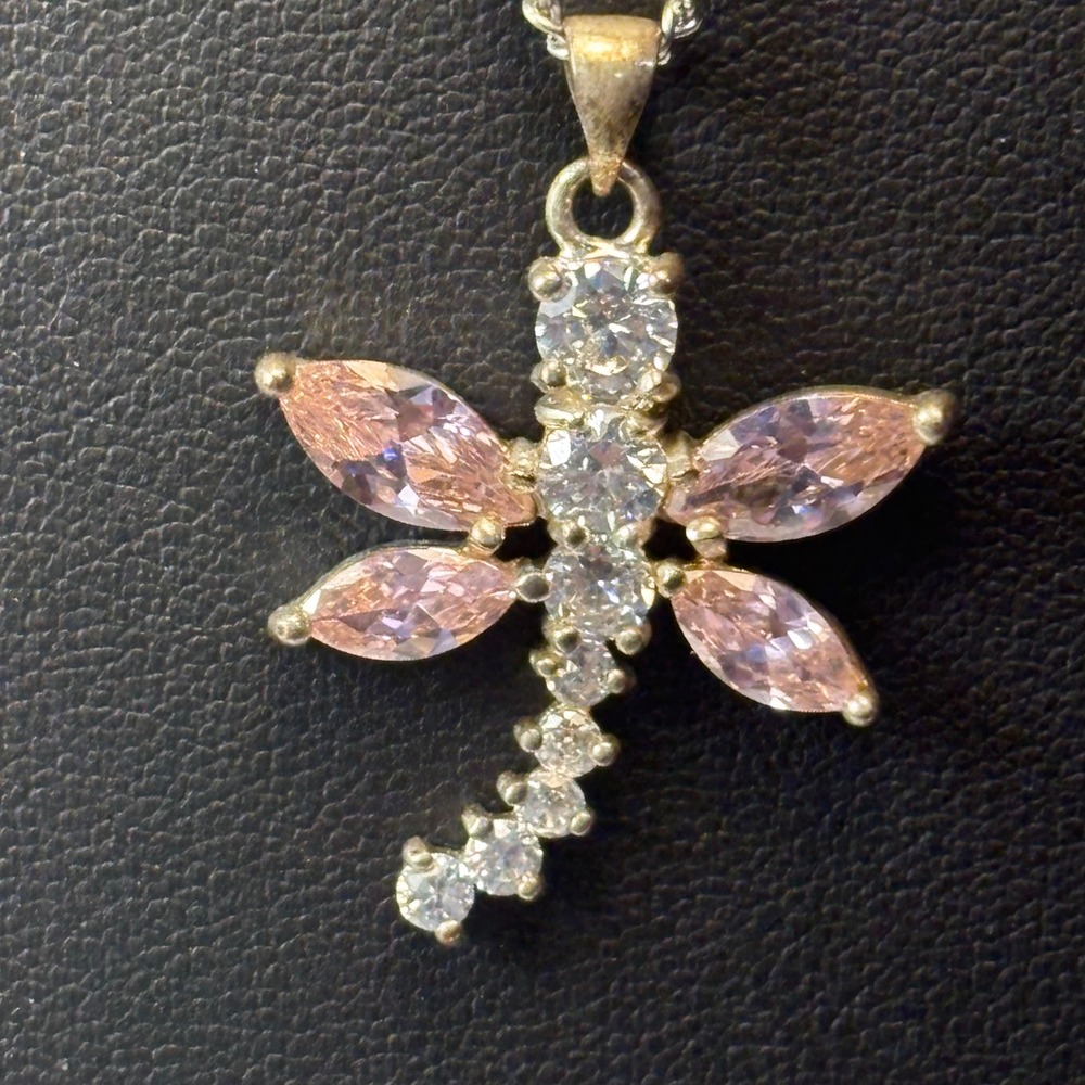 Dragonfly Necklace Silver Pink White Rhinestone Statement Boho Whimsygoth Preppy